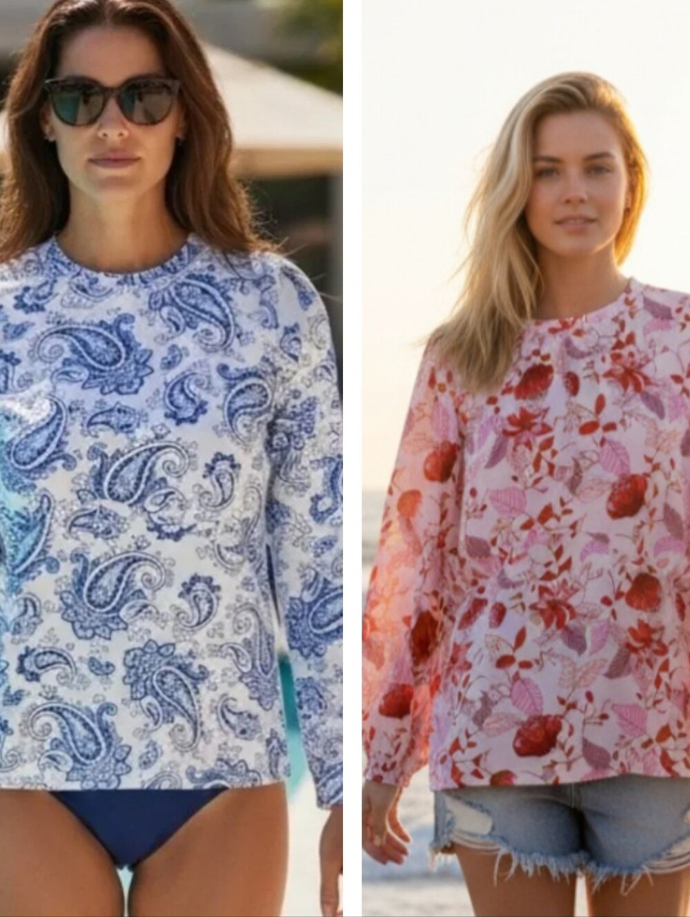 Bundle Women’s Long-Sleeve Blue Paisley Swim Coverup Top